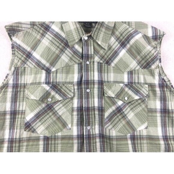 Men's Canyon Guide Outfitters XLG Green Plaid Sleeveless Western Button-Down - Picture 3 of 8